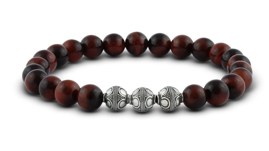 Pravano - Slim Line Red Tiger Eye Silver Trio Men's Bracelet