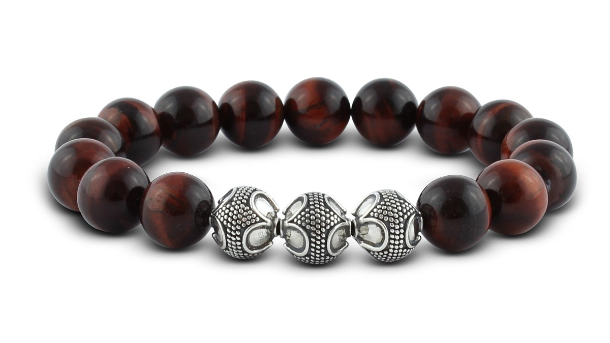 Pravano - Red Tiger Eye Silver Trio Men's Bracelet