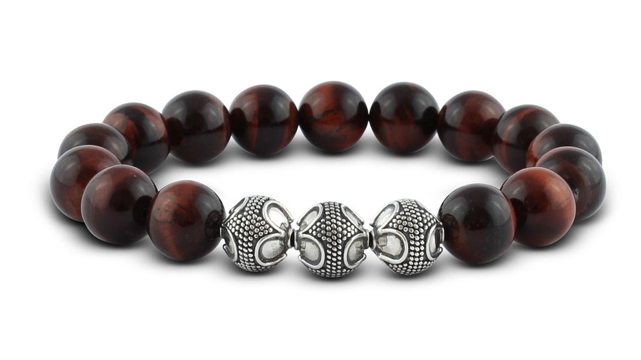 Pravano - Red Tiger Eye Silver Trio Men's Bracelet 