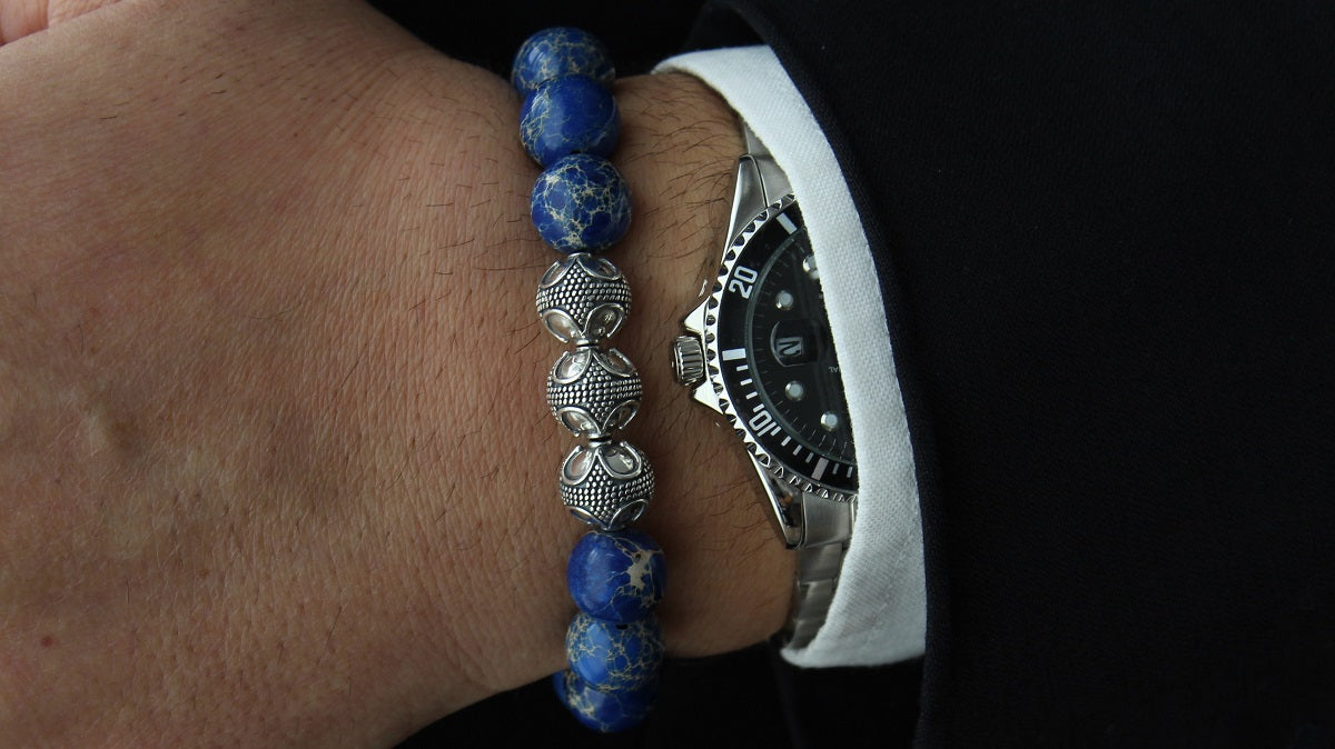 Grand Ocean Blue Jasper Silver Trio Bracelet