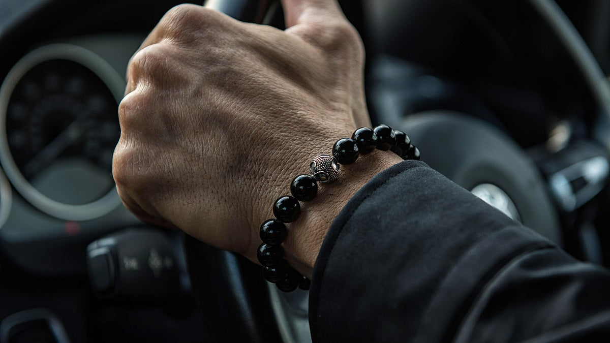 Polished Onyx and Silver Bracelet