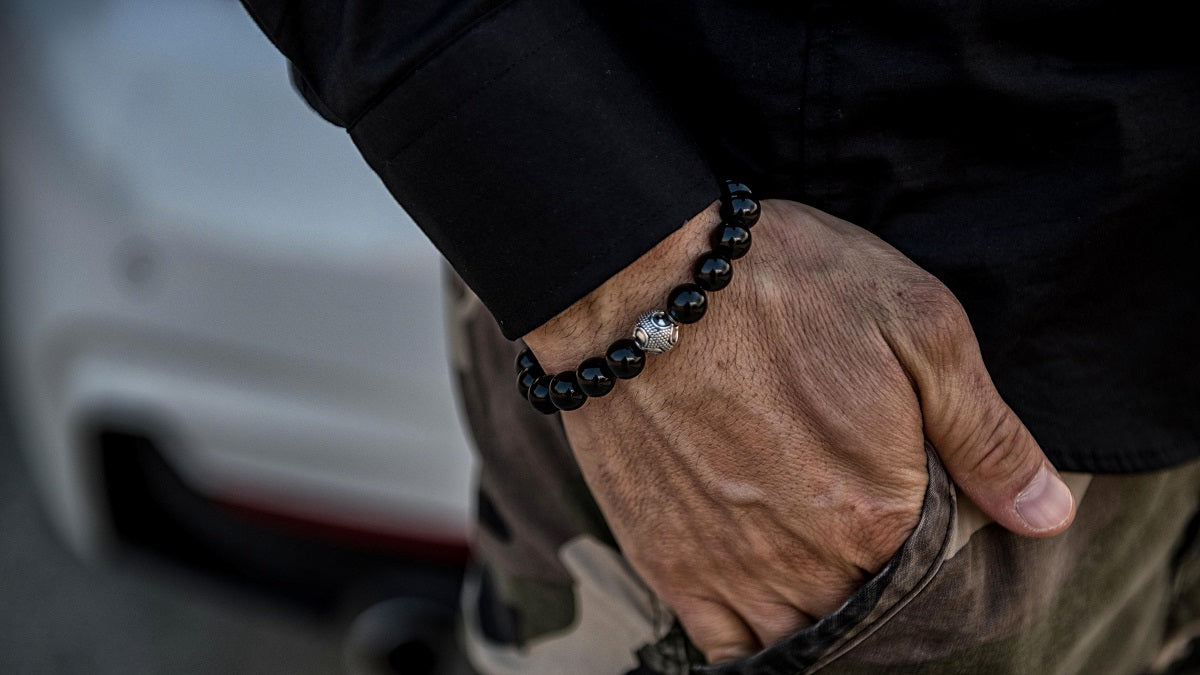 Polished Onyx and Silver Bracelet