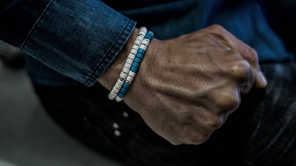 Turquoise, White and Silver Ceramic Bracelet