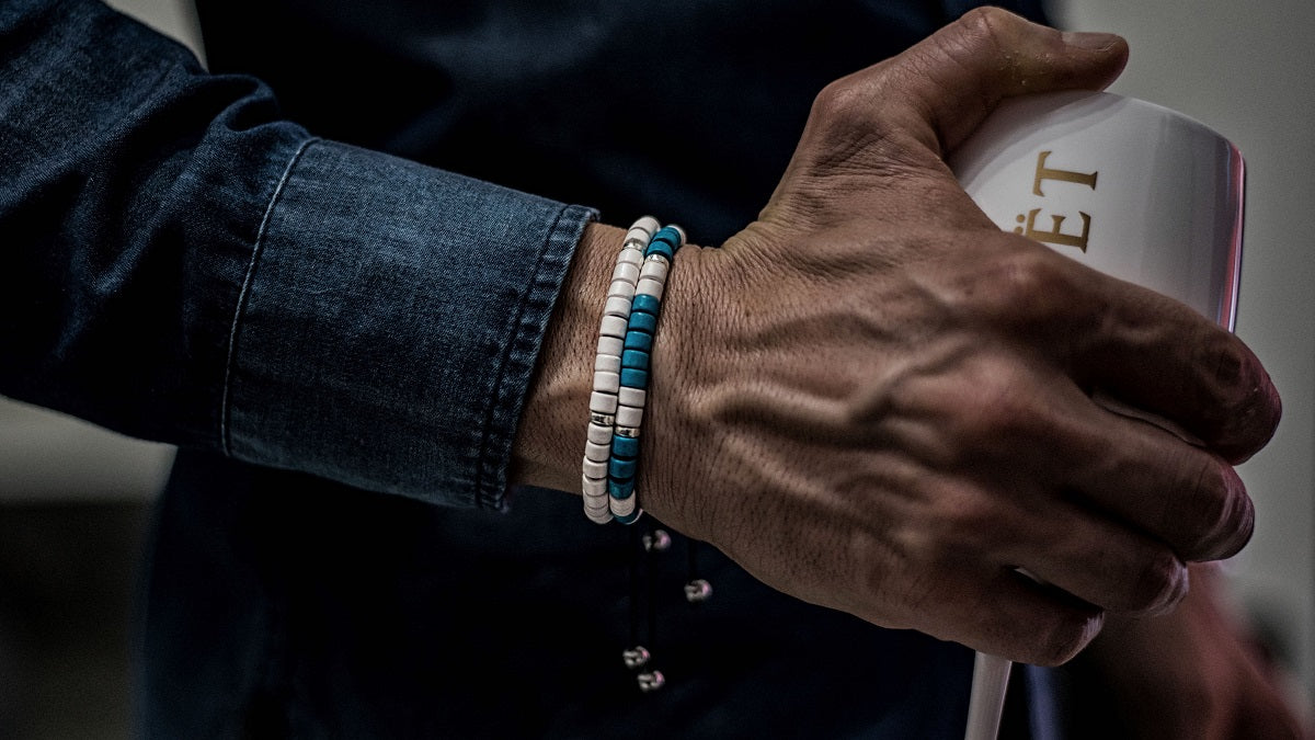 Turquoise, White and Silver Ceramic Bracelet
